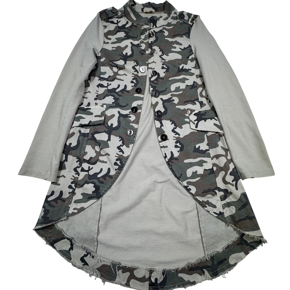 Suzy D London Camo Mixed Media High Low Military Jacket Grey Green Size Medium‎